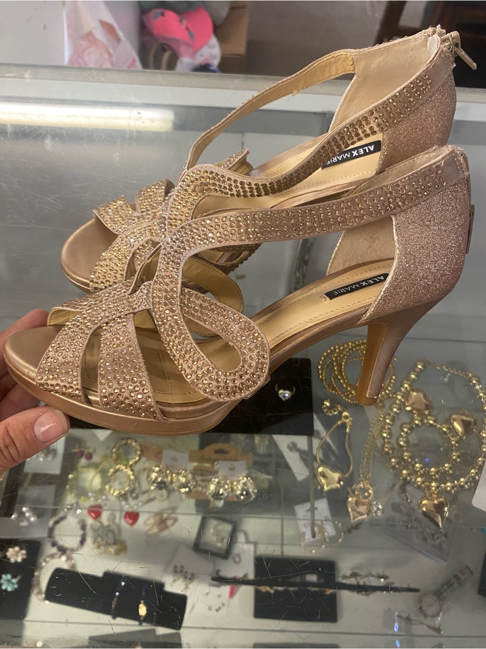 Alex Marie Champagne Glitter Rhinestone Strappy Heels